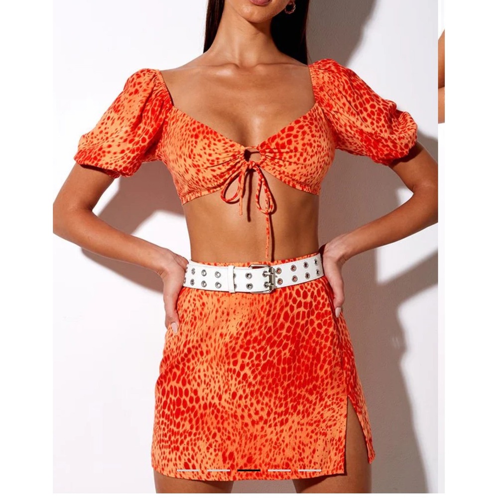 Motel Rocks XS Orange Red Animal Print Crop Top Skirt Set Mini Club Party Rush